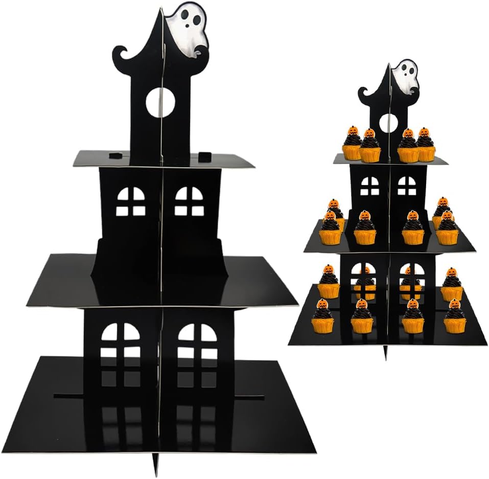 ALIBBON Soporte para cupcakes de Halloween, torre de 3 niveles para cupcakes, soporte para postres de cartón negro, bandeja para servir cupcakes de