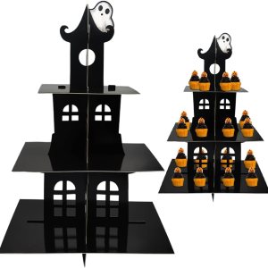ALIBBON Soporte para cupcakes de Halloween, torre de 3 niveles para cupcakes, soporte para postres de cartón negro, bandeja para servir cupcakes de ALIBBON Soporte para cupcakes de Halloween, torre de 3 niveles para cupcakes, soporte para postres de cartón negro, bandeja para servir cupcakes de