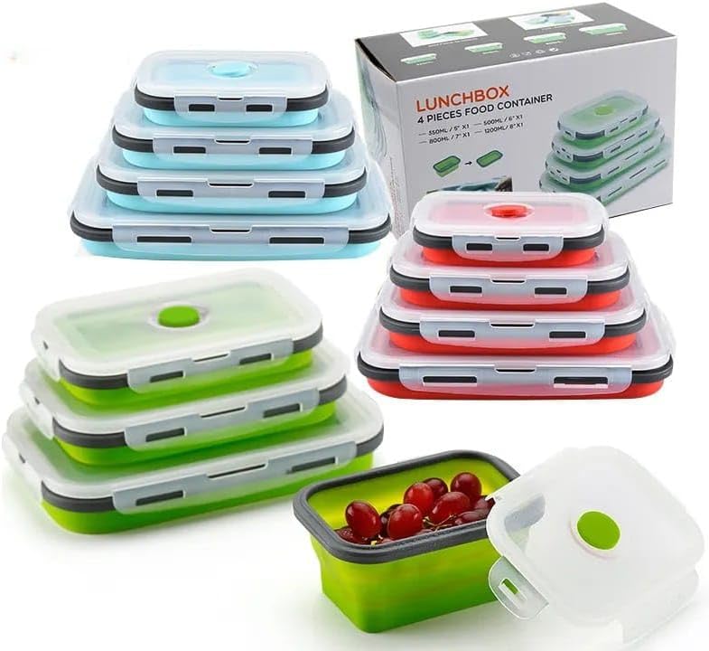 Contenedores de plástico para almacenamiento de alimentos con tapas, 4 piezas de silicona plegables con tapas para camping, recipientes de almuerzo