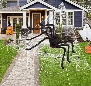 KRRFDP Decoración de Halloween de telaraña de 200 pulgadas, araña gigante aterradora de 60 pulgadas con 20 piezas de mini araña y telaraña elástica