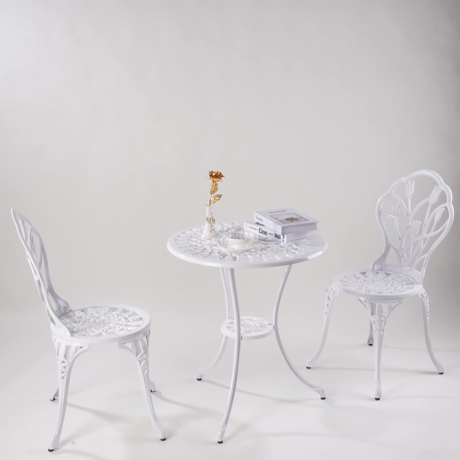KAI LI Juego de 3 piezas de muebles de patio de aluminio fundido para patio, jardín al aire libre, mesas y sillas a prueba de óxido, juego de bisrto