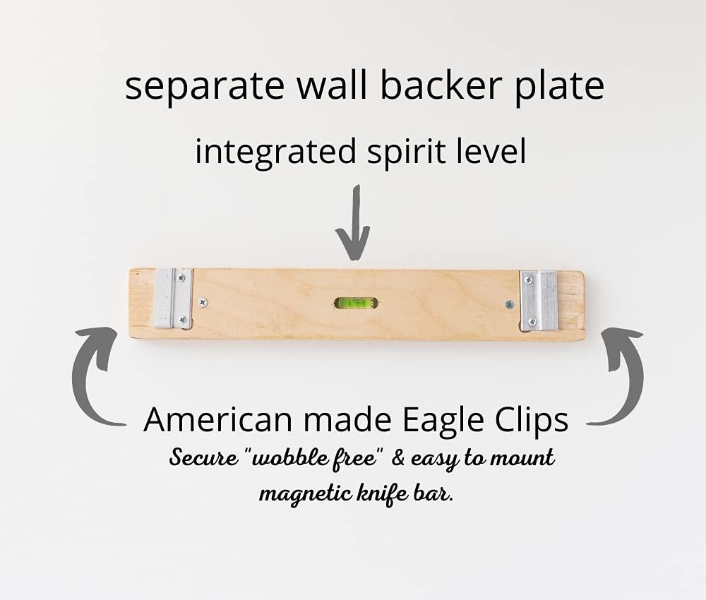 360KnifeBlock BAR – (nogal y blanco) Barra de cuchillo de montaje en pared de 4 x 16 pulgadas, nivel integrado, clips de acero, tornillos de 2