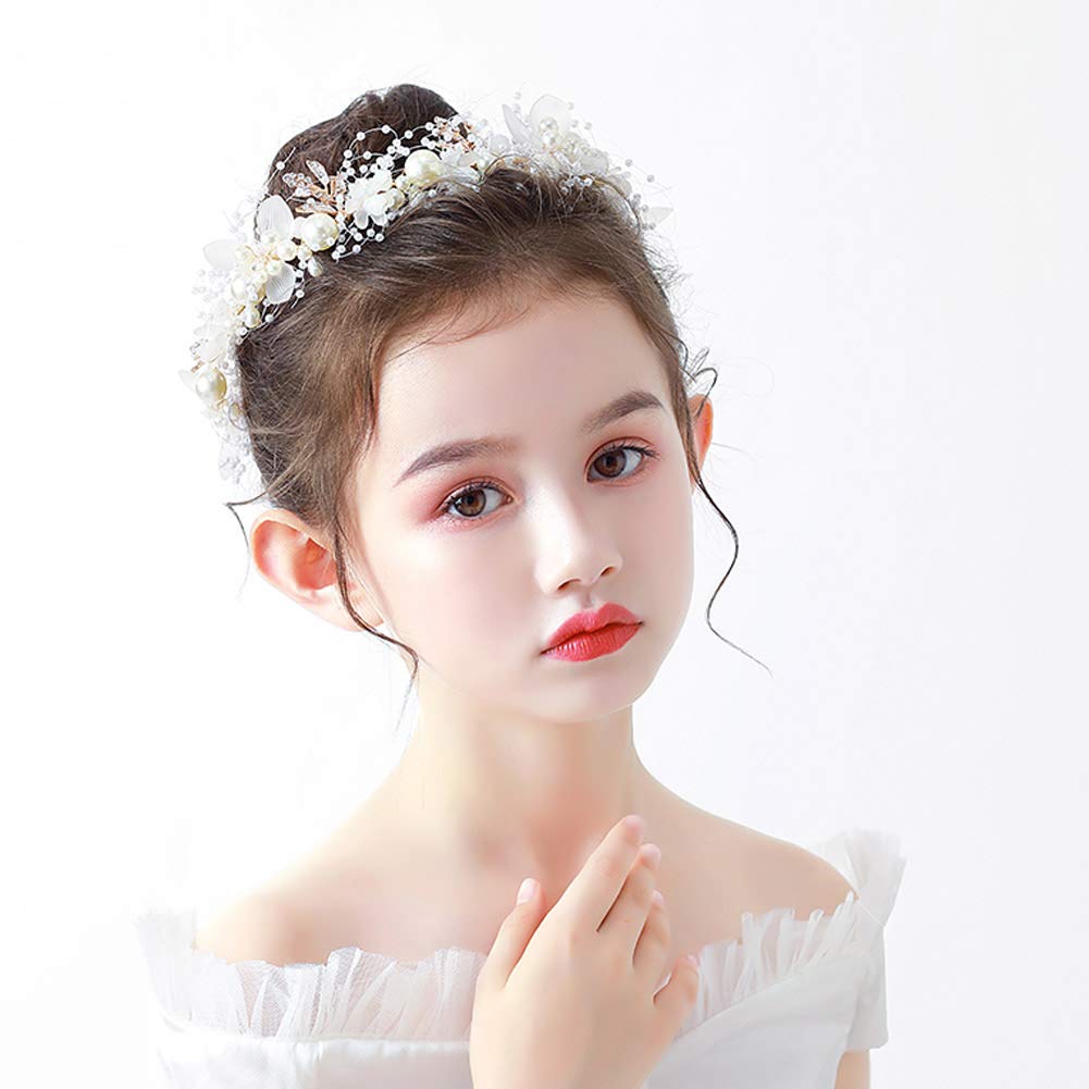 PRDGIRL Diadema de boda para niñas de flores, cuentas de cristal de perlas de diamantes de imitación, accesorios para el cabello de vid dorada para