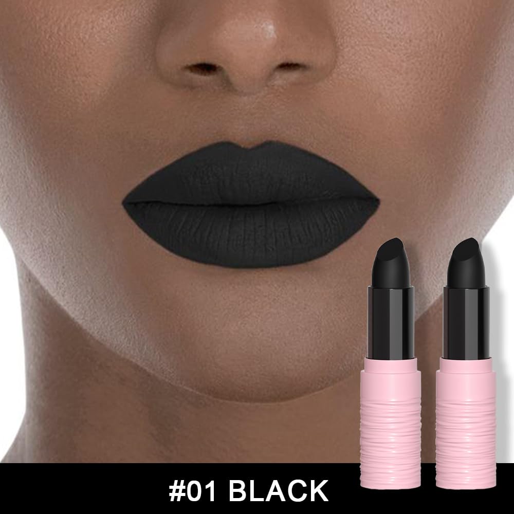 evpct Juego de 2 pintalabios negros Whtie mate para Halloween, pintura corporal y cara, juego de labios de alto impacto con fórmula cremosa