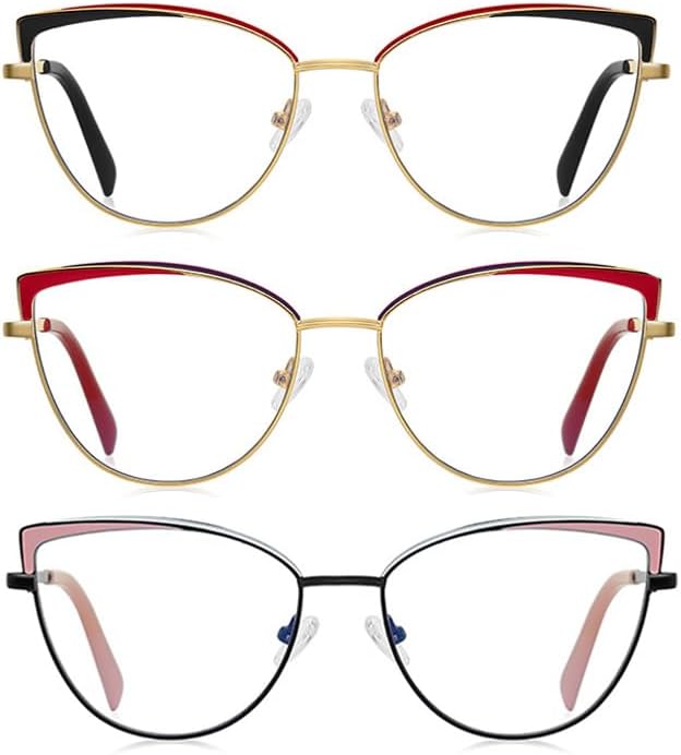 Paquete de 3 lentes de lectura progresivos multienfoque con borde de metal para mujer, con bloqueo de luz azul