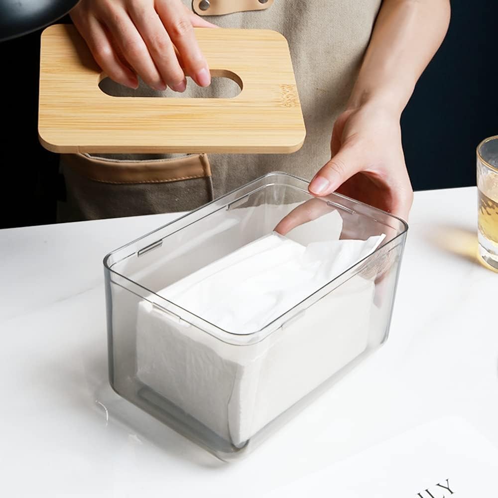 Soporte para pañuelos, caja dispensadora de hojas para secadora con tapa de madera de bambú, recipiente transparente, diseño minimalista moderno,