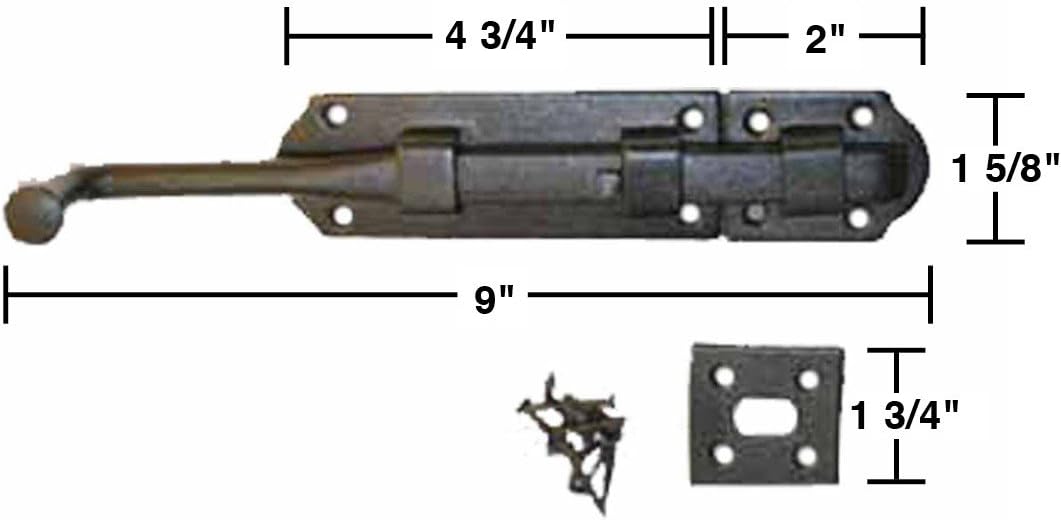 Renovators Supply Manufacturing Pestillo de perno deslizante 9 pulgadas. Perno deslizante estilo punta de bola de hierro negro con accesorios de