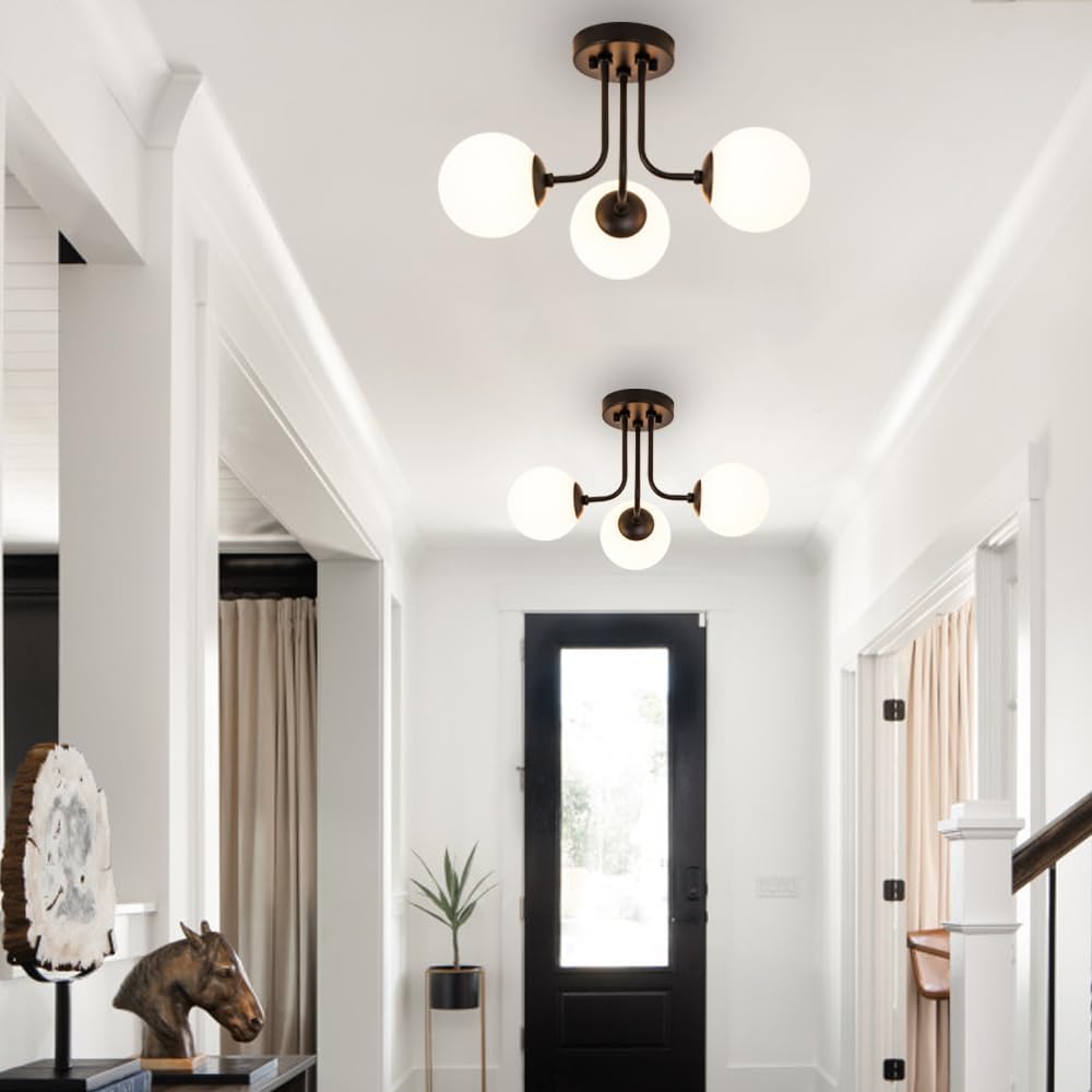 Lámpara de techo moderna semiempotrada de 3 luces, pantalla de vidrio blanco y negro, lámpara de techo semiempotrada, candelabros Sputnik para