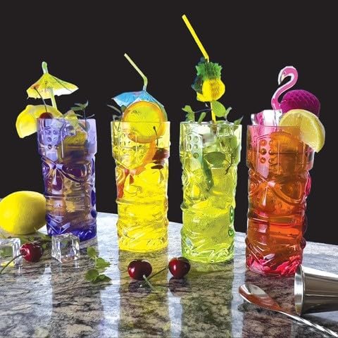 Lily’s Home Juego de 4 vasos Tiki  Ideal para cócteles exóticos, Highball  Juego único de vasos Tiki Bar y Bar de cocina, juego de vasos de vidrio y