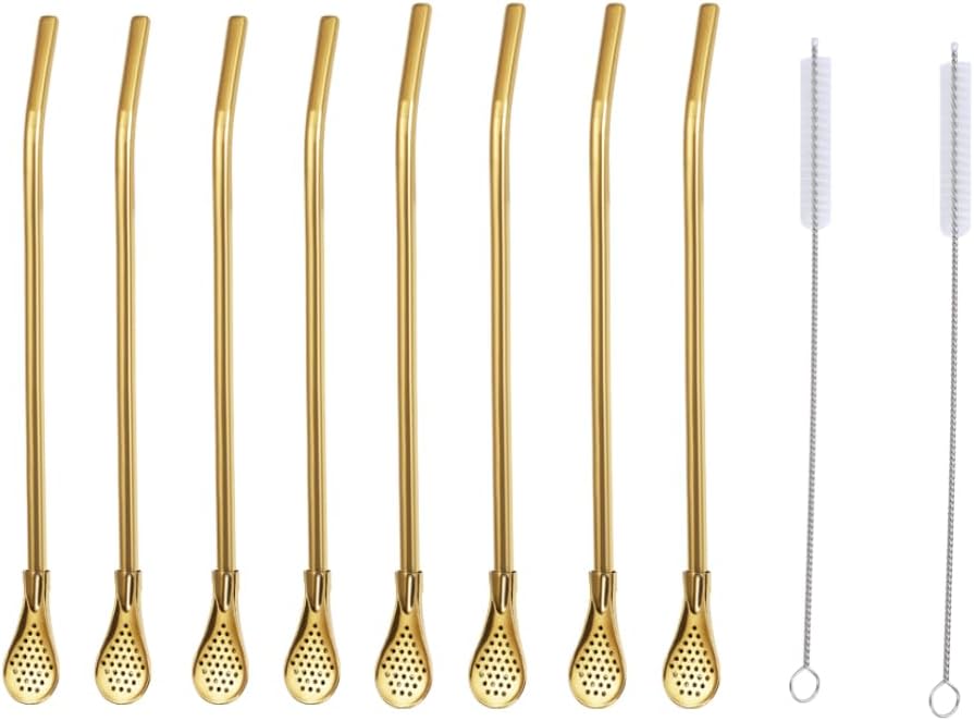 Pajitas reutilizables, 8 pajitas de yerba mate de acero inoxidable dorado con cuchara de filtro movible