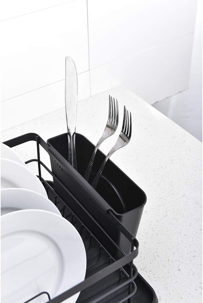 Escurridor de platos, estante grande para secar platos de cocina, estante de platos de metal, estante de secado con escurridor negro, caja de