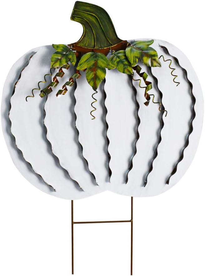 Morning View Letrero de metal con estacas de calabaza para patio, decoración de otoño, calabazas rústicas, decoración de jardín, decoración de patio