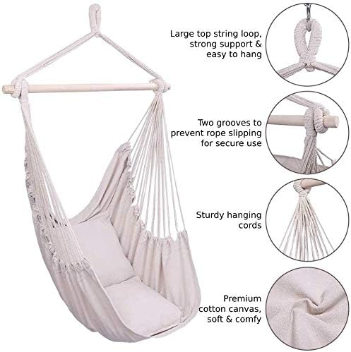 Silla hamaca columpio, silla colgante de macramé, lona de algodón, incluye dos cojines de asiento suaves, silla hamaca colgante de cuerda para