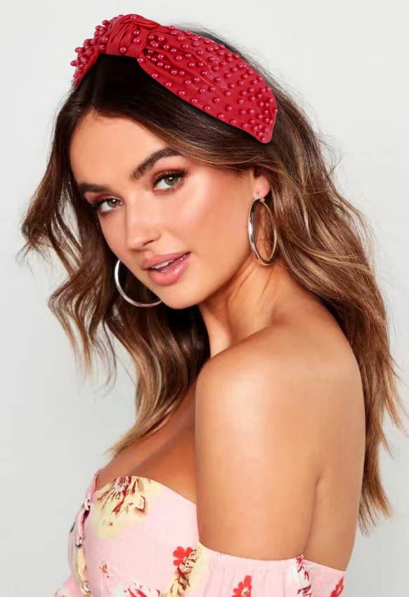FEDANS Diadema con nudos nacarados para mujer, color rojo, de lujo, con cuentas de cuero, adornado, banda para el pelo elegante de moda