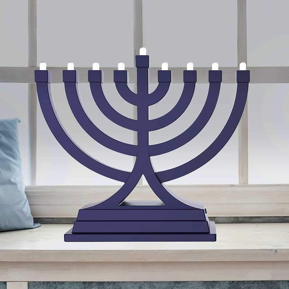 Zion Judaica – Mini LED Hanukkah Menorah con batería o funciona por USB, múltiples ajustes de luz para decoración de Janucá (azul)