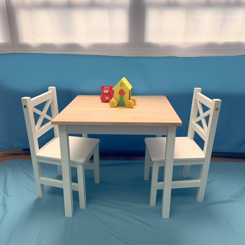 PETIT BATEAU Juego de mesa y sillas para niños pequeños, muebles modernos de madera maciza para niños de 2 a 8 años, color blanco, arte de arte