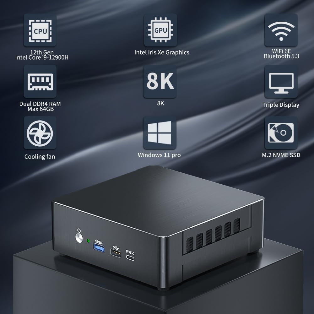 Mini PC i9-12900H hasta 5.0GHz, Mini computadoras de escritorio Windows 11 Pro (TPM2.0), 32G RAM 1T Pcie 4.0 SSD, pantalla triple DPHDMITipo-C, WiFi