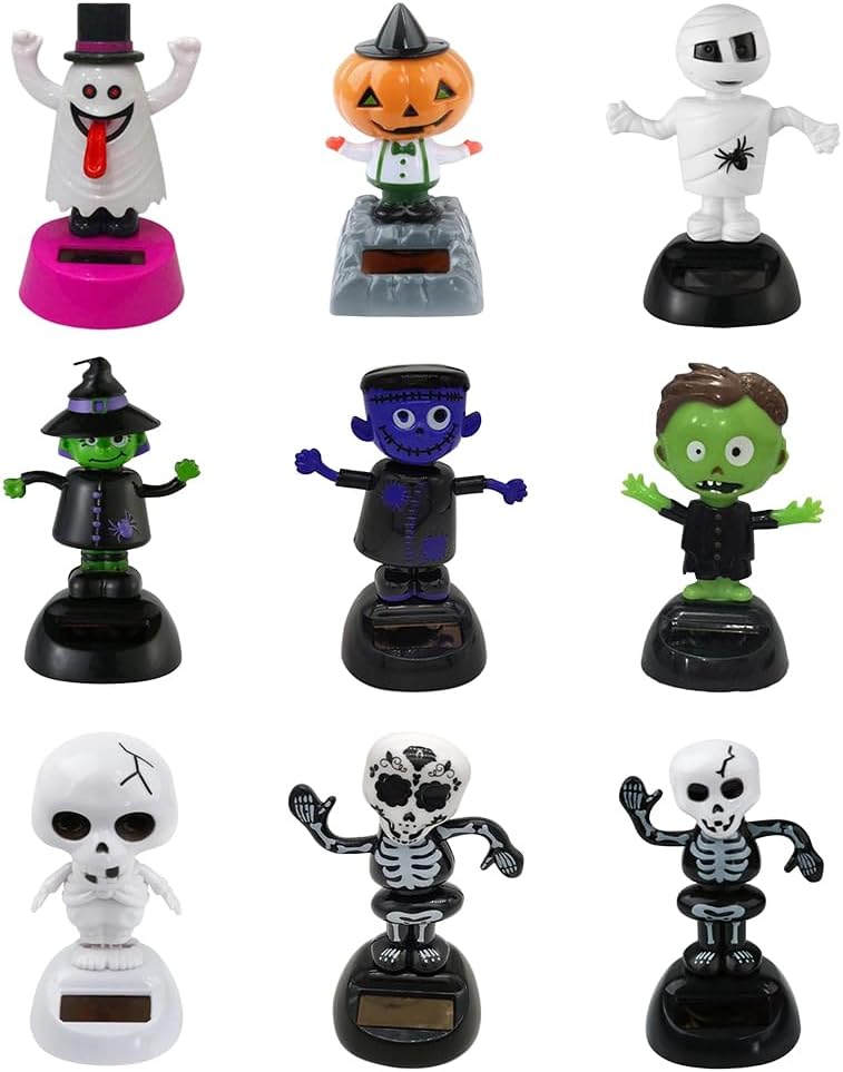 9 piezas de cabezas de bobbleheads de energía solar, juguete de baile de cabeza agitada solar de Halloween, figuras de cabeza de bobble, para
