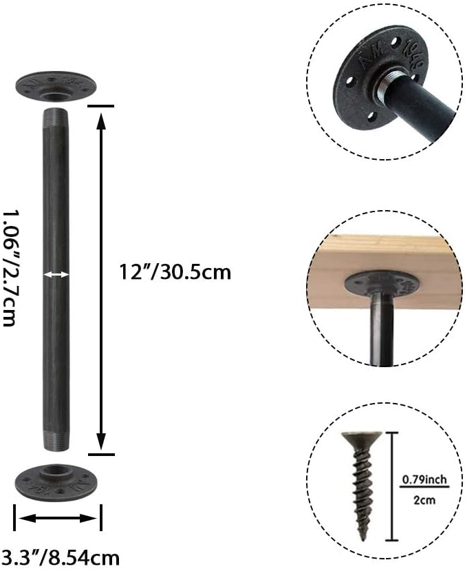 GeilSpace Patas de mesa de tubo gris industrial de 12 pulgadas, tubos de metal y bridas para mesas y muebles vintage personalizados, patas de