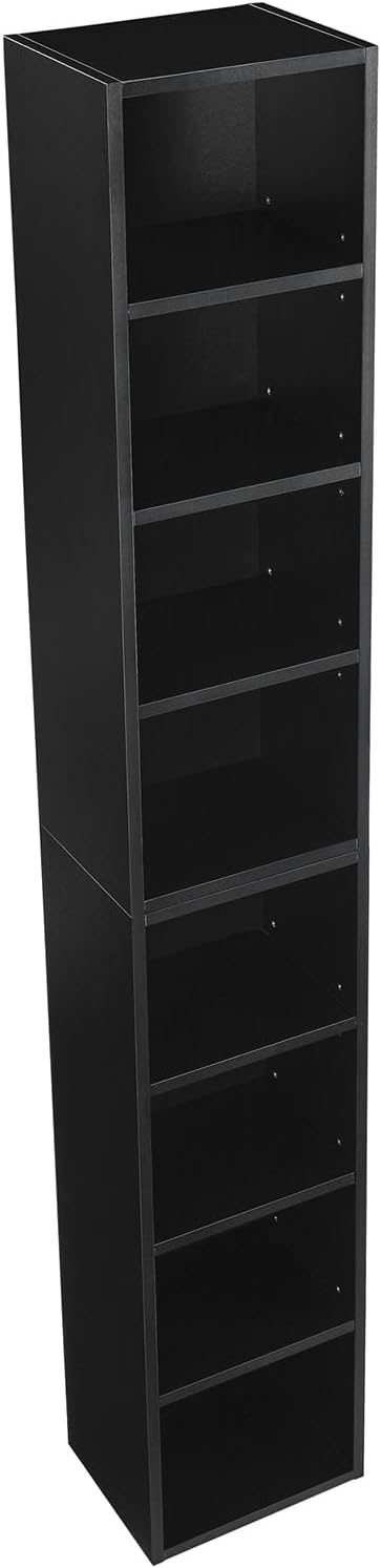 Estante delgado de torre multimedia con estantes ajustables, gabinete de almacenamiento estrecho de 8 niveles de alto y estrecho estante para