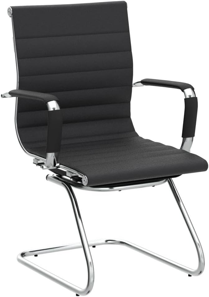 Wahson Silla de oficina de piel resistente para invitados respaldo medio, sillas de cuarto de conferencia, recepcion, set de 2 , Cuero, Negro