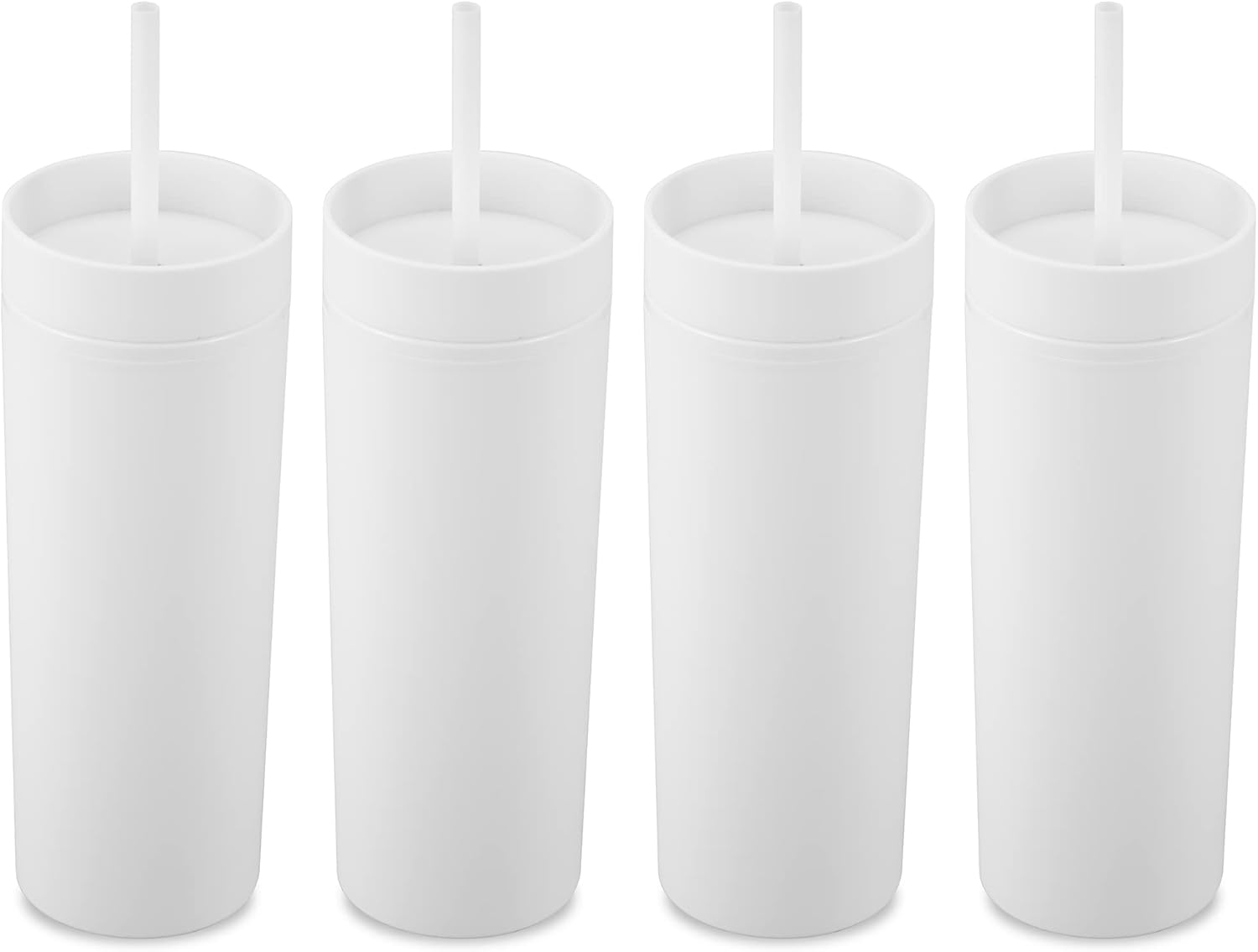 MEWAY Paquete de 4 vasos delgados de 20 onzas de acrílico de doble pared con tapa y popote, vasos de plástico reutilizables de color pastel mate con
