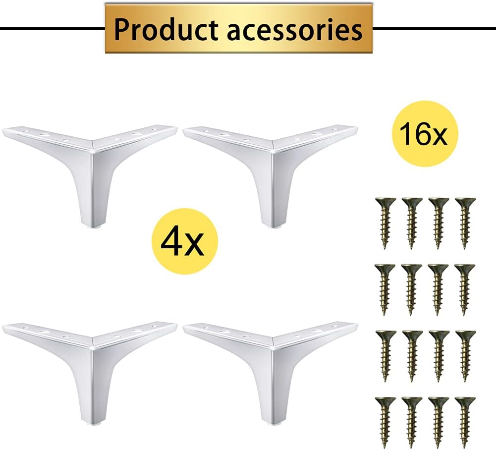 GOSCHE Juego de 4 patas de metal para muebles de 4 pulgadas, patas de sofá plateadas pulidas cromadas, patas triangulares de repuesto de estilo
