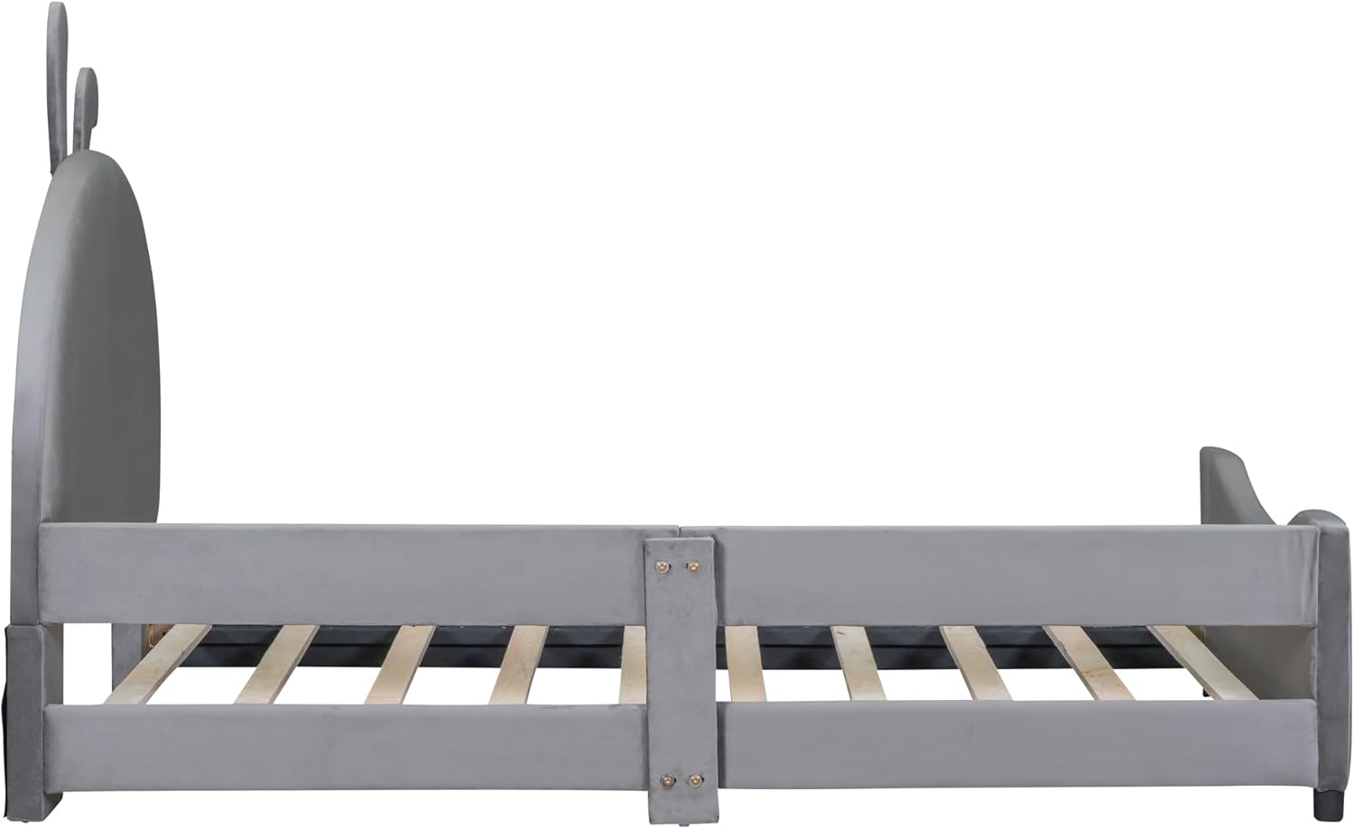 Cama tapizada de tamaño individual con cabecera en forma de conejo, marco de cama de plataforma baja con rieles, sofá cama de terciopelo con soporte