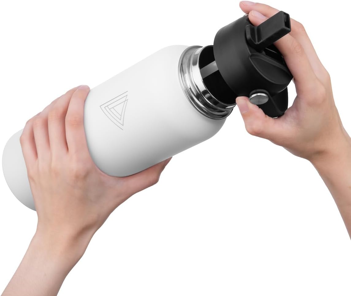 Botella de agua deportiva de acero inoxidable – 40 onzas, 2 tapas (tapa con pajilla), botella de agua aislada al vacío con 2 tapas (tapa con