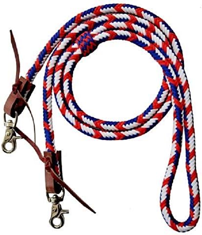 Showman – Riendas de nailon trenzadas de 9.2ft, color rojo, blanco y azul con extremos a presión de tijera