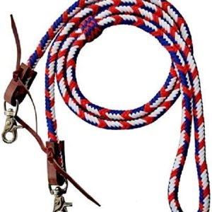 Showman – Riendas de nailon trenzadas de 9.2ft, color rojo, blanco y azul con extremos a presión de tijera Showman – Riendas de nailon trenzadas de 9.2ft, color rojo, blanco y azul con extremos a presión de tijera