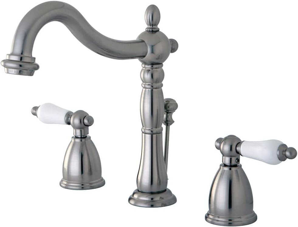 Kingston Brass KB1978PL Heritage – Grifo de lavabo generalizado con mango de palanca de porcelana, níquel cepillado