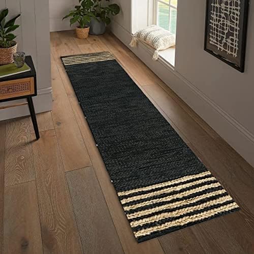 GRUHUM Alfombra rectangular de yute de 2 pies 6 x 14 pies, de fibra natural, color negro, rectangular, de cuero, tejida a mano, estilo bohemio,
