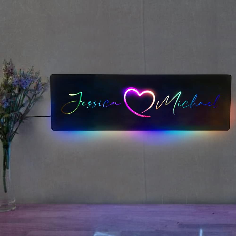 Luz nocturna personalizada con nombre de pareja colorido con nombre LED, 2 nombres, luces de neón, letrero de nombre para colgar en la pared, espejo