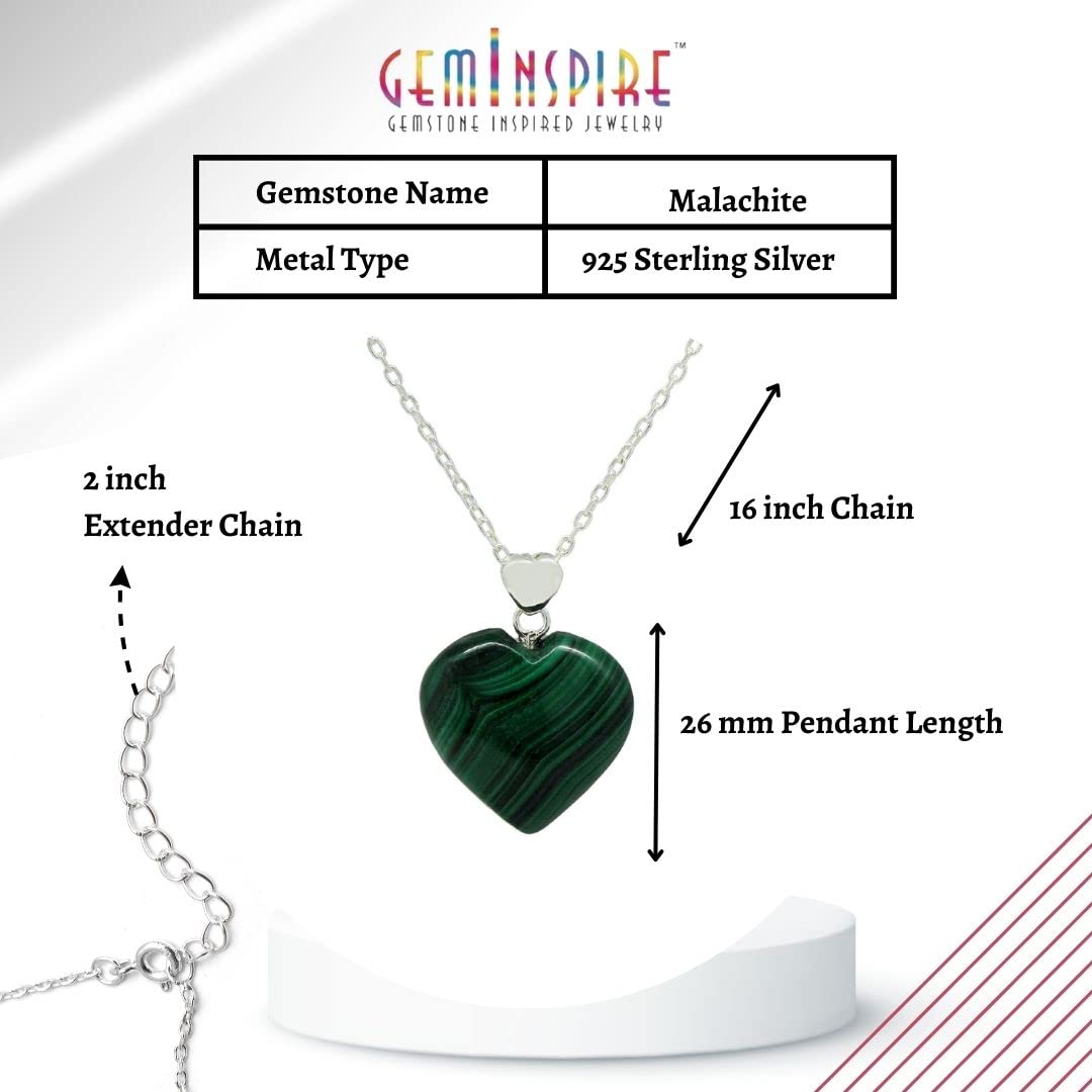 Green Malachite Necklace for Women, Heart Pendant Necklace, Green Heart Necklace, Malachite Jewelry, Everyday Wear, 925 Silver 16+2 inch Adjustable