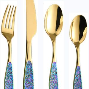 Vintage tridimensional exquisito patrón de relieve mango cocina cubiertos tenedores cucharas juego (4 piezas juego -1 juego, oro colorido) Vintage tridimensional exquisito patrón de relieve mango cocina cubiertos tenedores cucharas juego (4 piezas juego -1 juego, oro colorido)