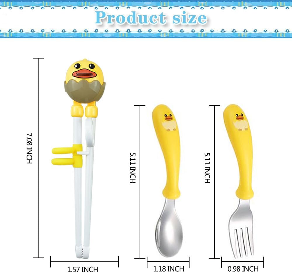 Juego de palillos para niños, juego de palillos de entrenamiento para niños y principiantes, juego de palillos de pato amarillo, cuchara, tenedor y