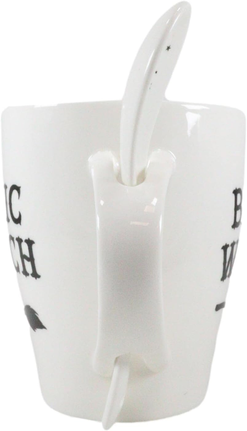 Ebros Gift Wicca Gothic Alchemy Witchcraft Divinity – Juego de taza y cuchara de porcelana con mango integrado de soporte de cuchara de 9 onzas,