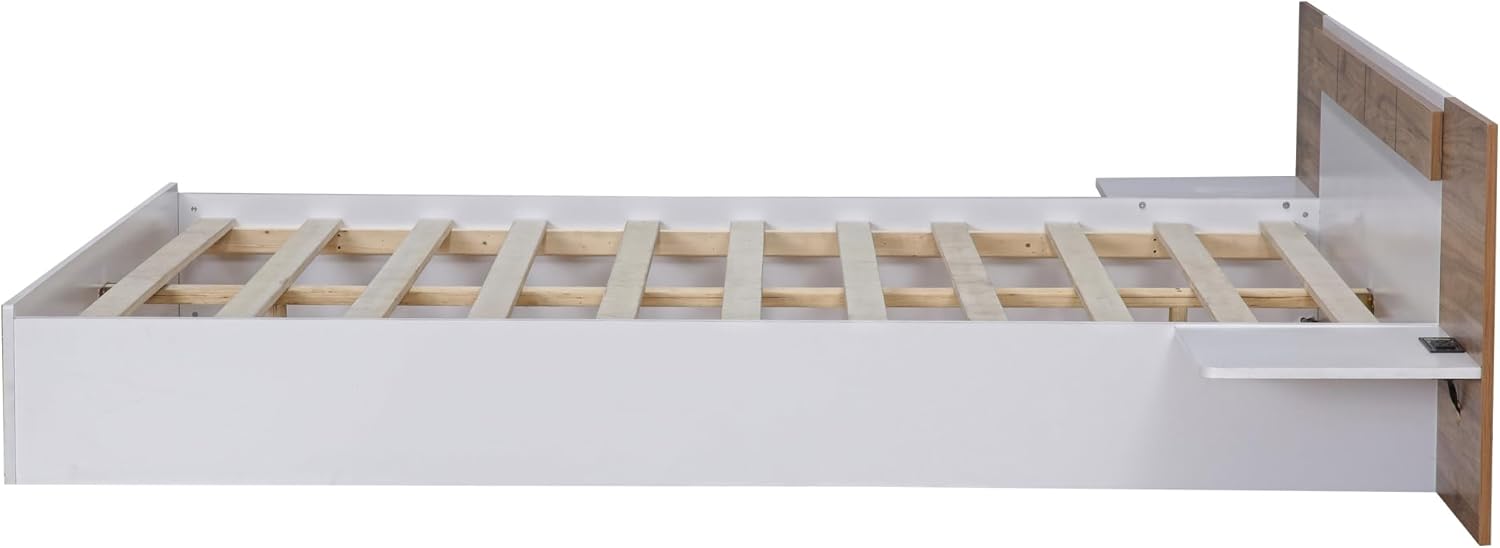 Cama de plataforma tamaño Queen con cabecero, estantes de almacenamiento, puertos USB y enchufes, marco de cama Queen de madera, no necesita somier