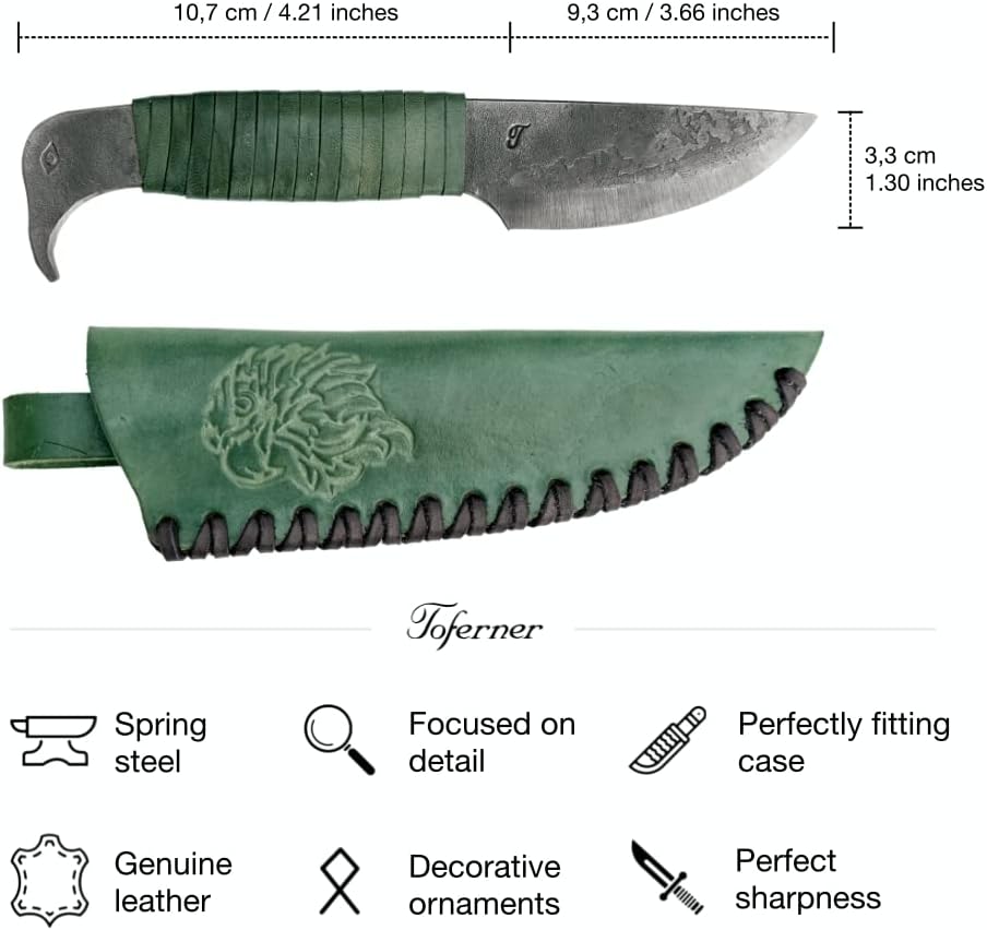 Toferner Cuchillo – Bird Head 2 – Cuchillo forjado a mano – Deportes – Estuche de cuero genuino hecho a mano- Hoja endurecida – Colección de arte –