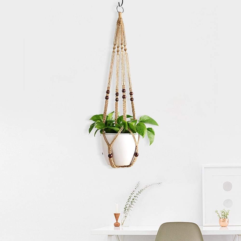 Colgadores de macramé para plantas de interior de 36 pulgadas, cesta colgante para macetas con cuentas sin borlas, color marrón, 2 paquetes de 4