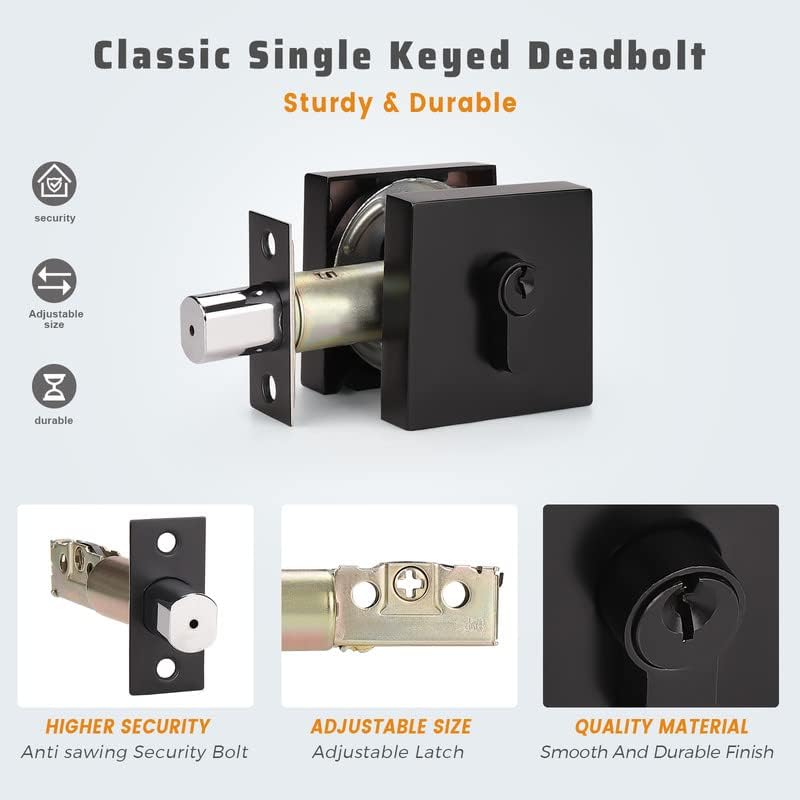KNOBWELL Cerradura cuadrada contemporánea de un solo cilindro para puerta de entrada de puerta delantera, cerradura de puerta delantera con llave