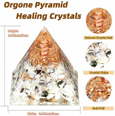 YATOJUZI Cristales de pirámide de orgón de 2.4 pulgadas, cuarzo transparente, piedra lunar, chakras, reiki, piedras preciosas de orgonita, energía