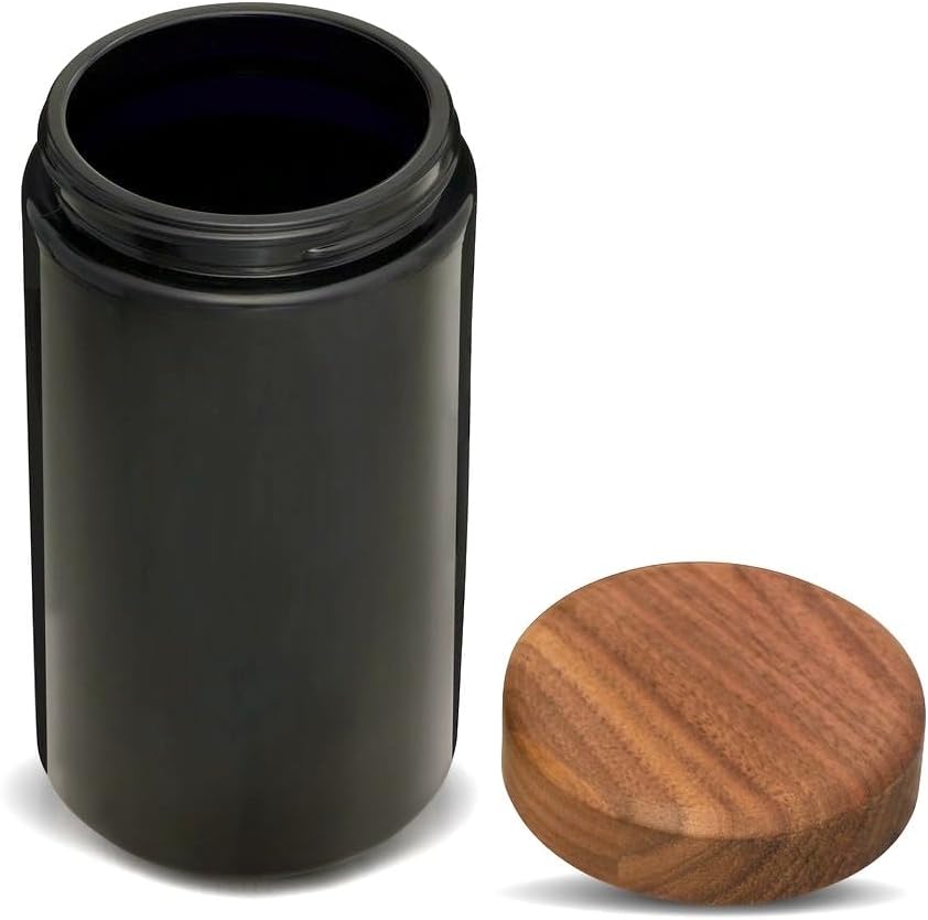 Tarro de vidrio hermético de 1 oz para hierbas y especias. Protección UV de vidrio negro con tapa de madera de nogal y paquete de humedad.