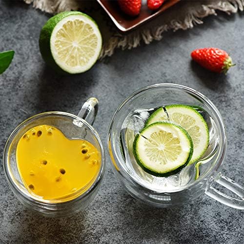 Juego de 2 tazas de café con forma de corazón de vidrio de doble pared aisladas con mango cerrado, resistente al calor, perfecto para mantener tu