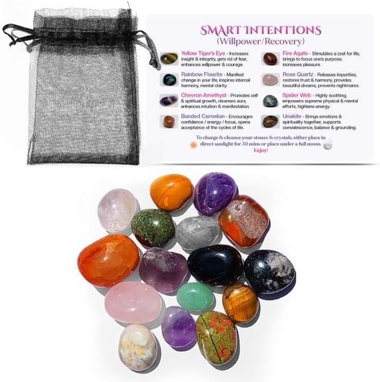 Smart Intentions – Juego de 8 piedras pulidas para alivio de la ansiedad, ojo de tigre, amatista, cuarzo rosa, ágata de fuego, unakita, cornalina,