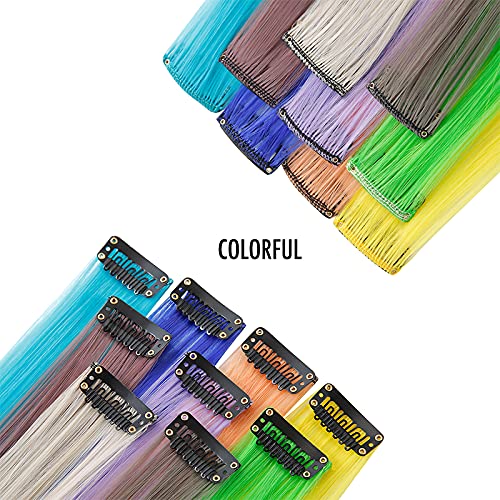 12 extensiones de cabello de color rosa claro liso multicolor con clip, extensiones de cabello arcoíris de 20 pulgadas, extensiones de cabello