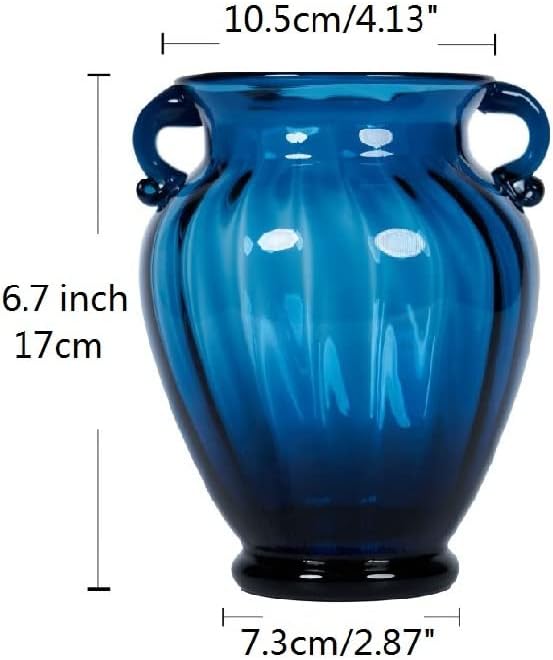 Lujoso florero de cristal azul para centro de mesa, florero de vidrio tintado transparente de alta calidad con asa, arreglo floral creativo de