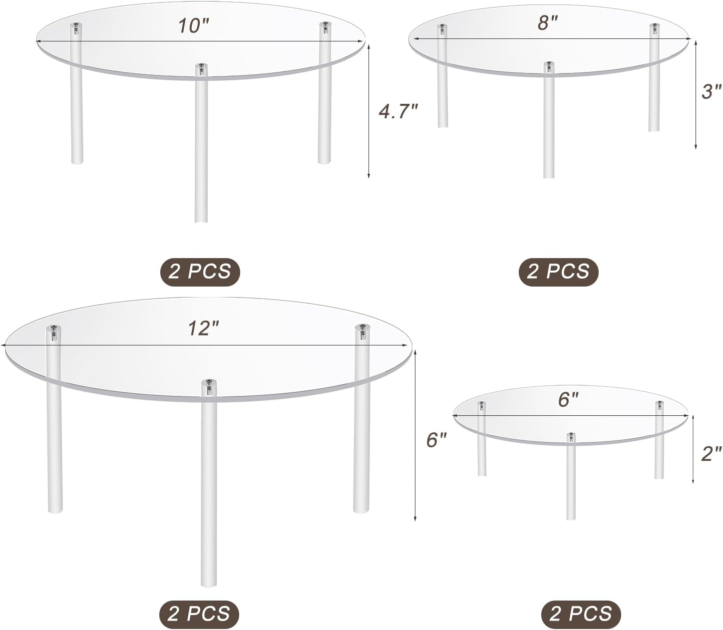 Juego de 8 soportes de acrílico transparente para tartas, 4 tamaños 6 pulgadas, 8 pulgadas, 10 pulgadas, 12 pulgadas, soporte redondo para cupcakes