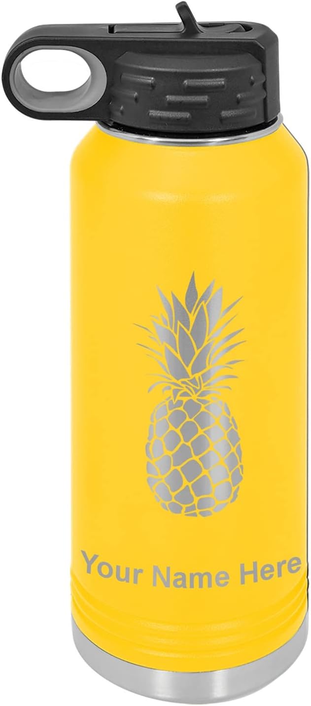 LaserGram Botella de agua de doble pared abatible de 40 onzas con pajita, piña, grabado personalizado incluido (amarillo)